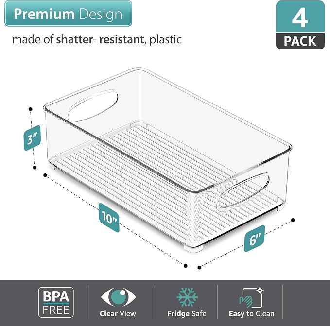 Sorbus Fridge Organizers and Storage, Clear Stackable Bins (Medium, 4 Pack) | Built-in grips support easy access and transport; plastic containers organize food in freezers, drawers and countertops.