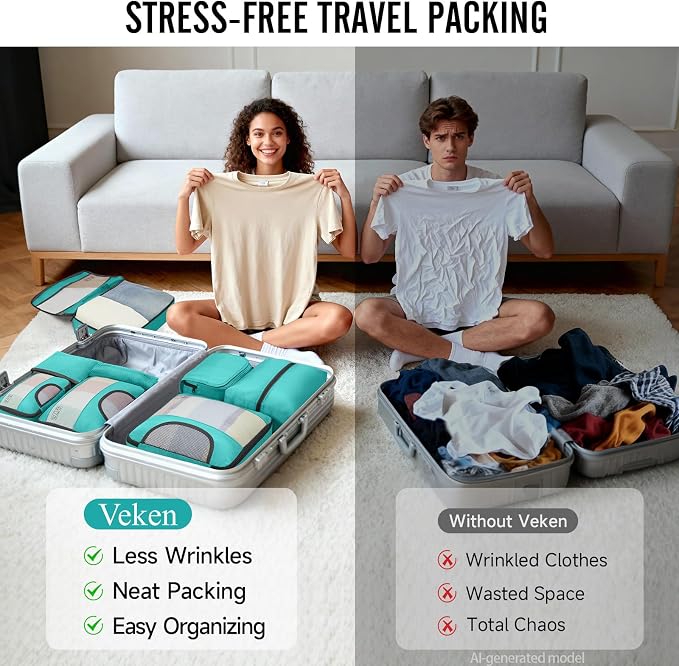 Veken 8 Set Packing Cubes for Travel Essentials, Suitcase Organizer Bags in 4 Sizes, Carry-On Luggage Accessories with Laundry Bag, Airplane Must Have with 99-Count Mesh Holes