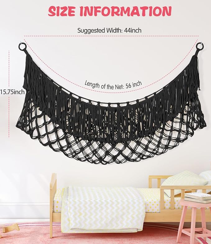 Stuffed Animal Hammock - Extra Large 56'' Long (Black) | Premium Cotton Hand-knitted, Beautiful Long Tassel, Storage Hanging Organizer, Can Fit Stuffed Animals 30 Piece or More