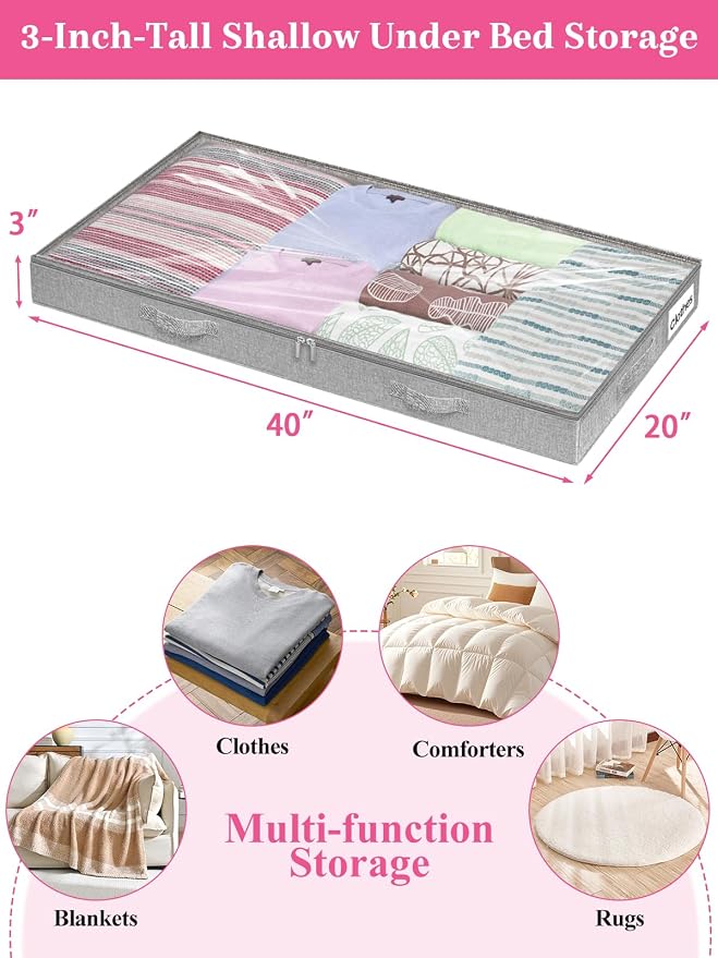 3-in Low Profile Under Bed Storage, No Structure, 2-Pack, Gray | 3" Ultra-Slim, Clear Lid, Reinfoced Handles & Smooth Zips, Dustproof & Waterproof, for Low Bed, Couch, Crib Storage