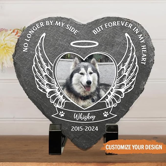Wrappiness Pet Memorial Stone - No Longer by My Side Forever in My Heart, Personalized Dog Memorial Gifts, Remembrance Condolence Gifts for Loss of Pet Custom Photo (Heart 04, Stone with Stand)