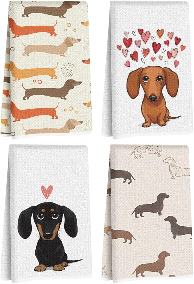 4 Pcs Dachshund Kitchen Towels 24x14 Inch, Dachshund Gifts Reusable Dish Towels for Kitchen Bathroom Decor, Waffle Weave Absorbent Hand Cloth Tea Towel, Cute Weiner Dog Gifts for Women Mom Friend