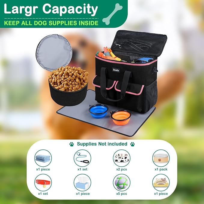 Dog Travel Bag - Dog Travel Kit for a Weekend Away Set Includes Pet Travel Bag Organizer for Accessories, 2 Collapsible Bowls, 2 Travel Food Container