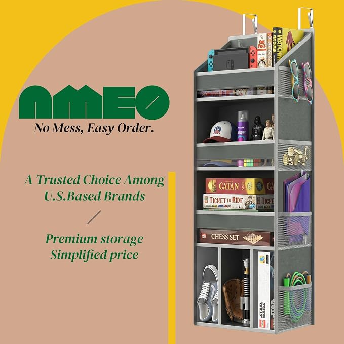 Over the Door Organizer, Compact Hanging Storage for Nursery Bathroom | 4-Tier Door Organizer with 8 Mesh Side Pockets, for Closet Bedroom Dorm Small-Space Storage, Anti Tilt Design, 35lbs Load