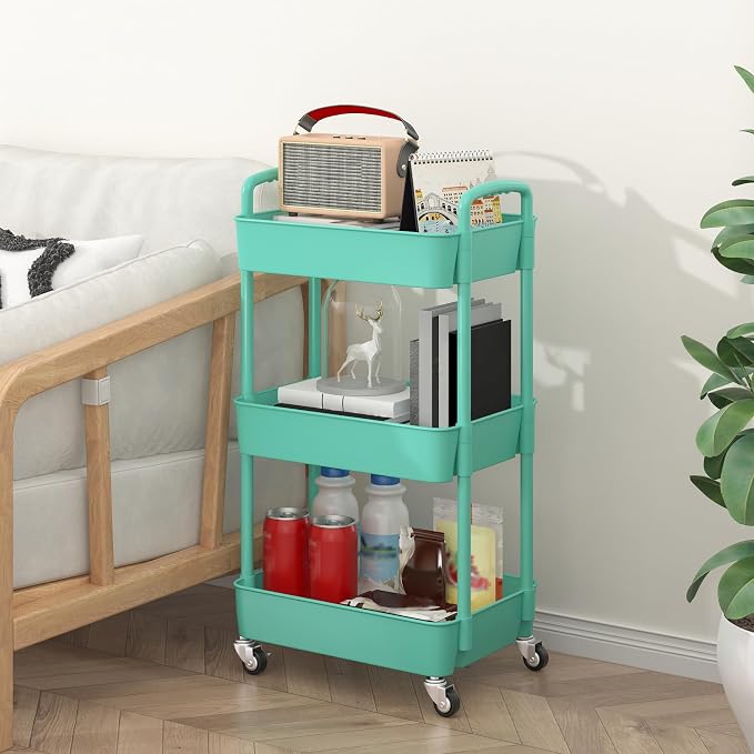 Sywhitta 3-Tier Plastic Rolling Utility Cart with Wheels for Storage, Green | Multi-Functional Storage Trolley, for Office, Living Room, Kitchen, Bathroom,Movable Organizer,Space-Saving,Easy to assemble