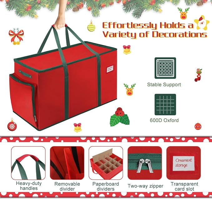 2-in-1 Christmas Ornament Storage Box Keeps 64-3"/36-4" Holiday Ornaments | Xmas Figurine Organizer Container,4 Separate Trays , Adjustable Extent Area for Figurines and Pockets for Holiday Décor