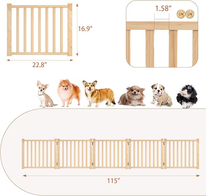 YOCAN Paint-Free Wooden Freestanding Dog Gate - 5 Panel H:16.9'' | Pet Gate for The House,Doorways, Stairs,Wood Dog Fences Indoor Pet Gate,Step Over Fence