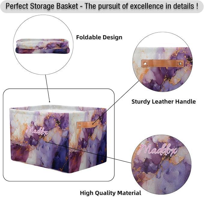 Personalized Storage Basket with Name, Rectangle Toys Storage Bin with Handles for Baby, Boys, Girls, Collapsible Basket for Clothes, Books, Purple Marble Background