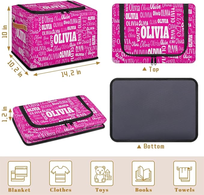 Custom Storage Baskets Named with Zipper Lid, Personalized Storage Bins Basket Boxes PU Leather Handles for Clothes Bedroom Closet Organizing Toys Books Shelves, Deep Pink Color