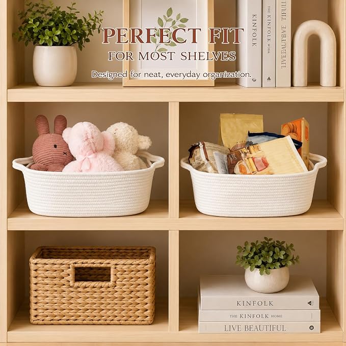 XUANGUO Medium Woven Cotton Rope Storage Basket with Handles, White | Small decorative rectangle storage bin for baby nursery items and cat toys; ideal as an empty gift basket or dog toy basket