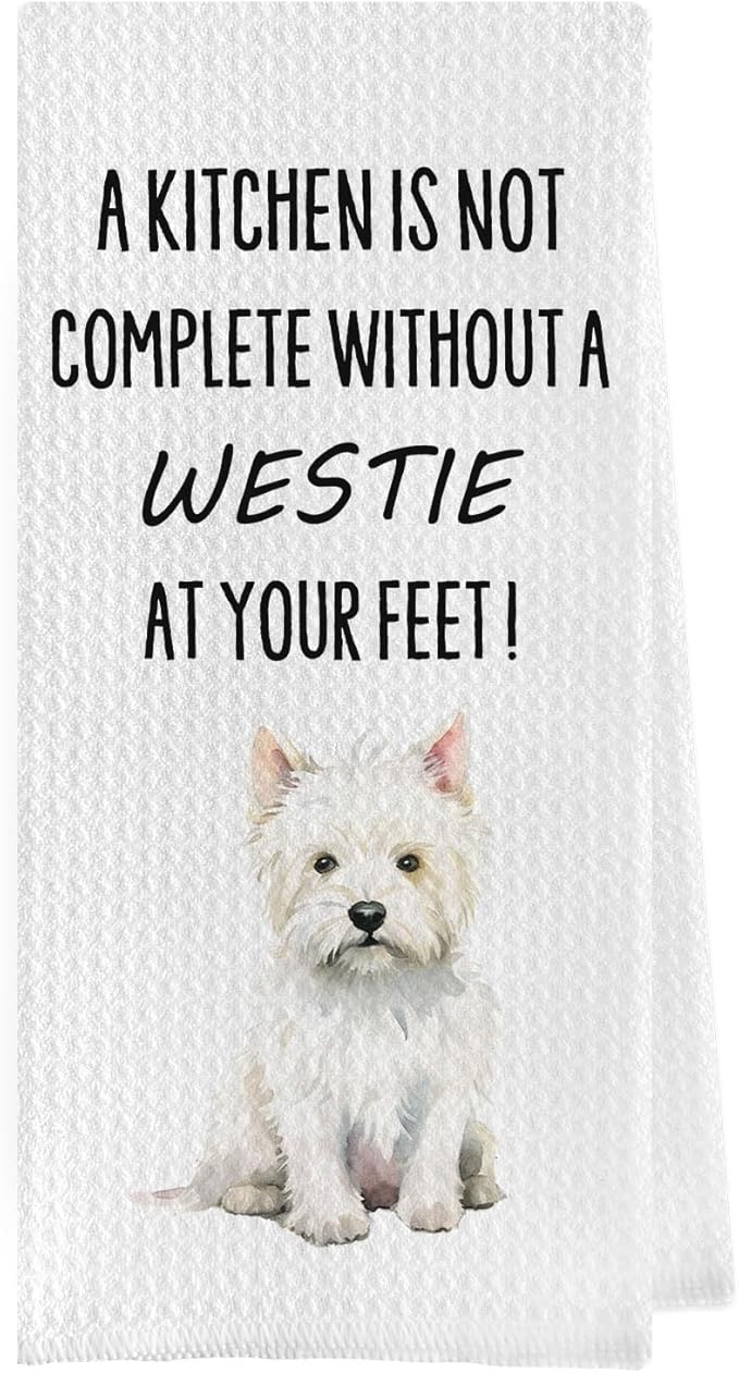 Funny Westie Kitchen Towels - Westie Gifts Waffle Weave Dish Towels, West Highland White Terrier Dog Decorative Hand Tea Towel, 16x24 Inch