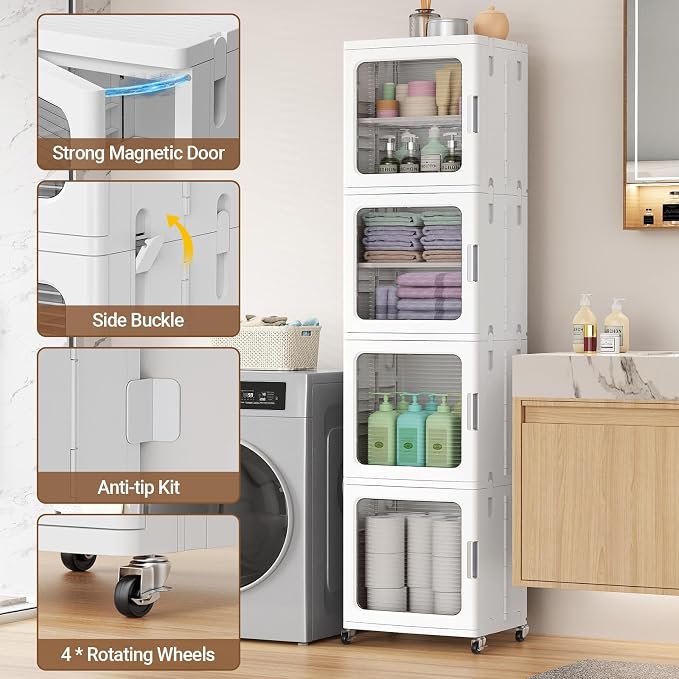 BROVIEW 4-Tier Tall Narrow Storage Cabinet 14.6” Wide, Slim Bathroom Cabinets with Adjustable Shelves and Doors, Plastic Kitchen Pantry Organizers and Storages for Small Space, Laundry, White