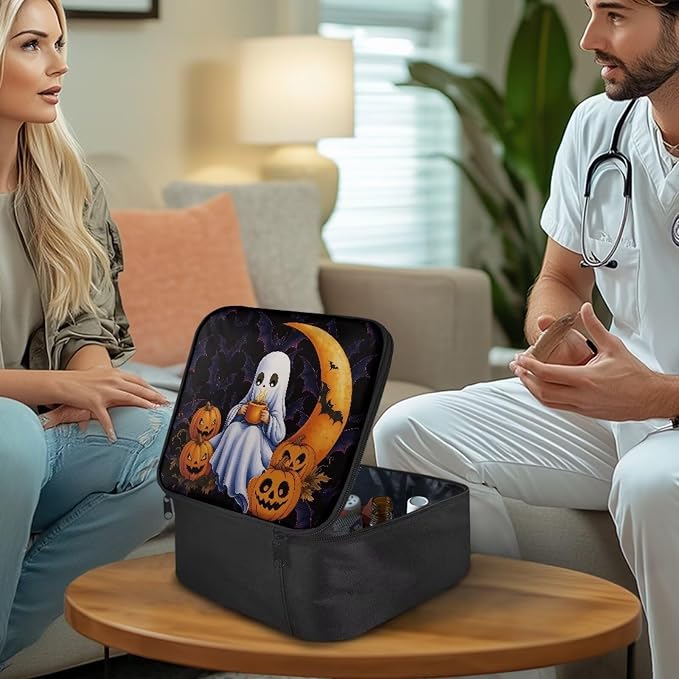 First Aid Kit Bag Cute Ghost Pumpkin Moon Empty First Aid Bag Medical Bag Empty Large Capacity for Home Office and Travel Use Lightweight Washable Soft Fabric