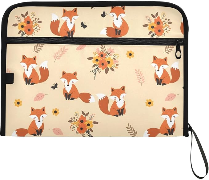 13 Pocket Zipper Expanding File Folder A4 Cartoon Fox Animal | Accordion File Organizer with Front Pouch A4 Letter Size Portable Folders for Documents Receipt School Office Supplies