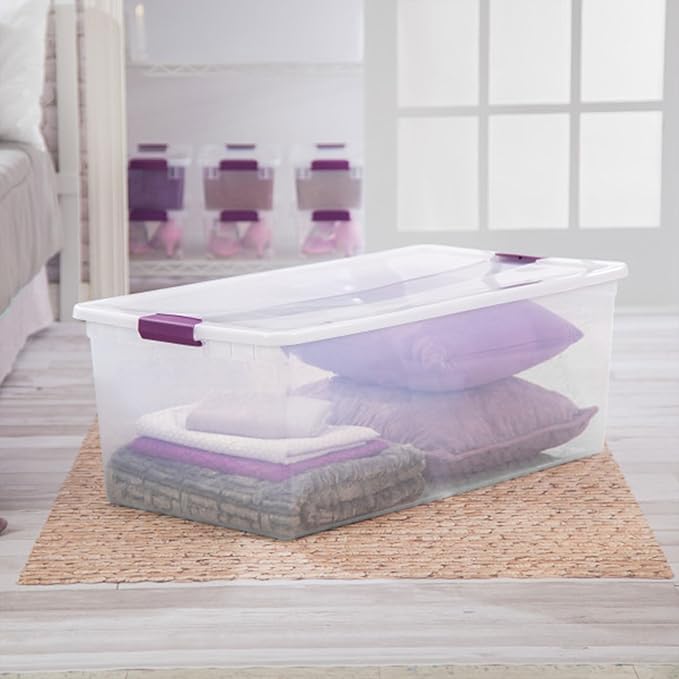 Sterilite Clearview Latch Boxes, Storage Bins with Lids, 110 Quart, 8-Pack | Clear Plastic Organizers with Color Accent Latches for Closet, Bedroom, Shelving Units, Dorm Room and Home Organization