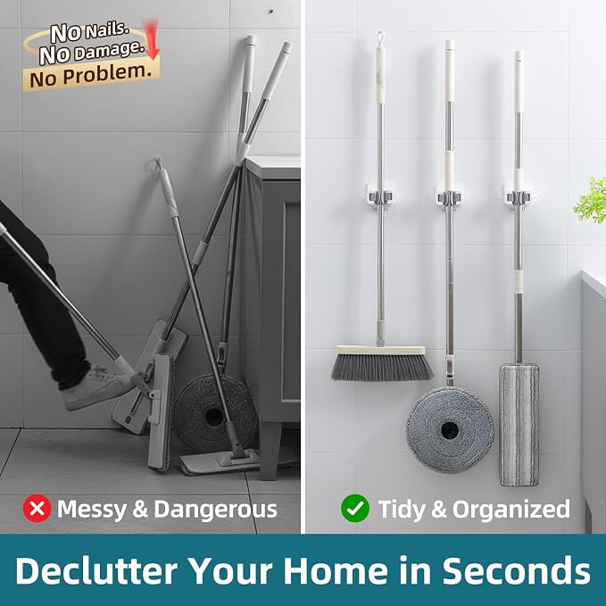TAILI Mop and Broom Holder Wall Mount Grippers, 3 Hangers and 8 Adhesive Strips, Damage Free Hanging Wall Mount, Household Cleaning Organizer for Organization and Storage, Holds up to 4 lbs, Grey
