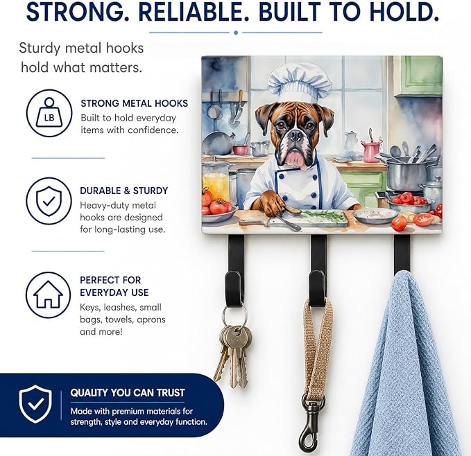 Caroline's Treasures Boxer The Chef Leash or Key Holder Wall Hooks, Key Hooks Holder, Coat Rack Wall Mount, Coat Hooks, Hooks for Hanging Keys, Towels, Aprons, Leashes | Boxer The Chef artwork on ceramic tile with three steel hooks for keys, leashes, t...