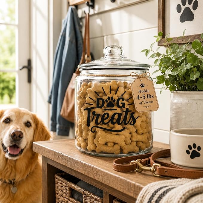 1-Gallon Glass Dog Treat Container Airtight – Large Countertop Dog Cookie Jar with Lid for Dog Treat Storage, Decorative Treat Jar & Dachshund Accessories
