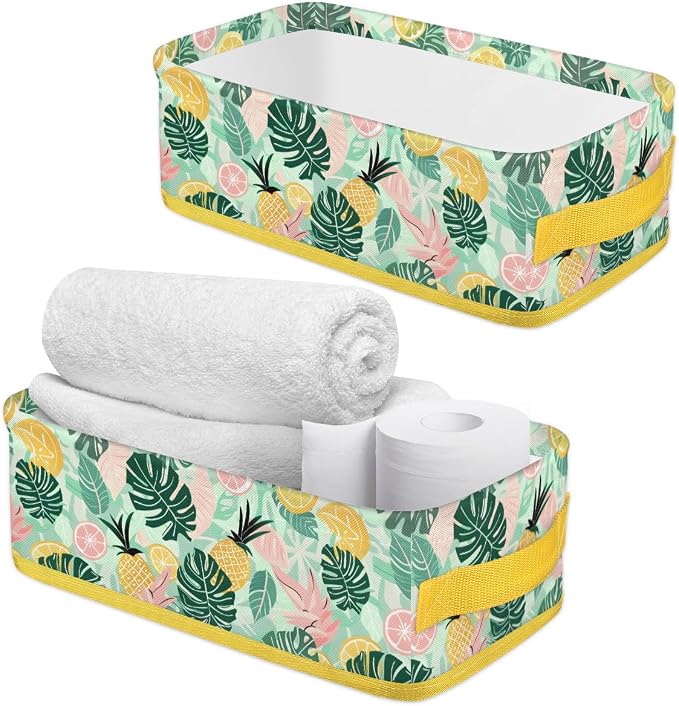 Lemon Pineapple Summer Bathroom Storage Basket, Foldable with Handle Open Countertop Paper Towel Decorative Box, Toilet Tank Top Shelf Baskets for Home Closet Bedroom Living Room Office