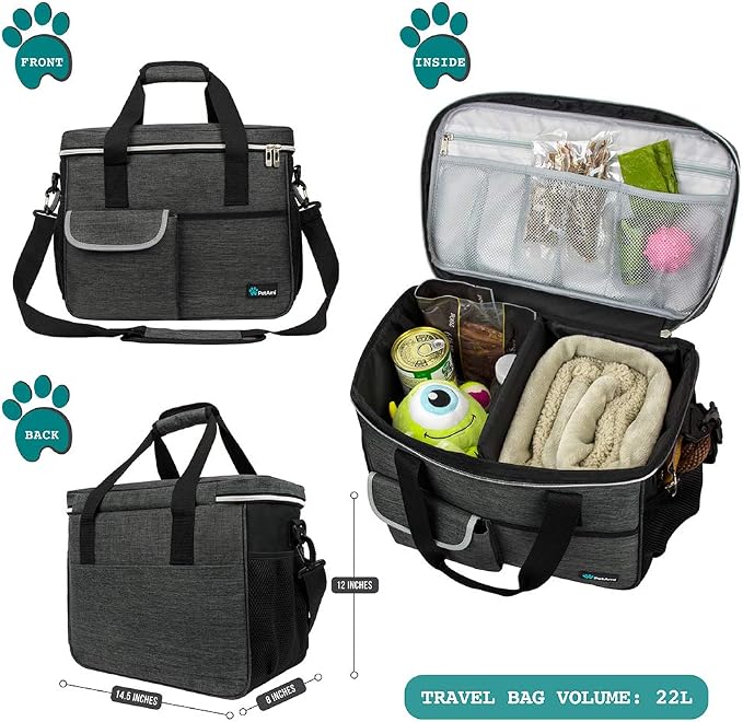 PetAmi Dog Travel Bag Organizer, Pet Supplies Diaper Tote, Dark Gray Medium | Pet Travel Kit with 2 Food Containers & 2 Collapsible Dog Bowls, Luggage Sleeve, Weekend Getaway Road Trip Camping Essentials