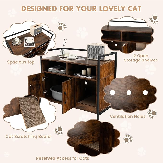 GIANTEX Cat Litter Box Enclosure, Hidden Cat Cabinet Furniture, Dog-Proof | Scratch Pad, Front Entry, Double Doors, 2-Compartment Storage, Wooden Pet House Washroom End Side Table for Living Room