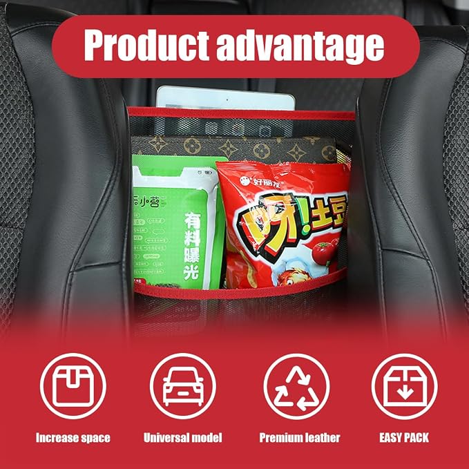 ZIMISI Car Net Pocket Handbag Holder, Auto Storage Organizer Between Front Seats, Large Capacity Vehicle Driver Storage Netting Pouch, Pet/Kids Car Barrier Accessories for Purse, Document (Red)