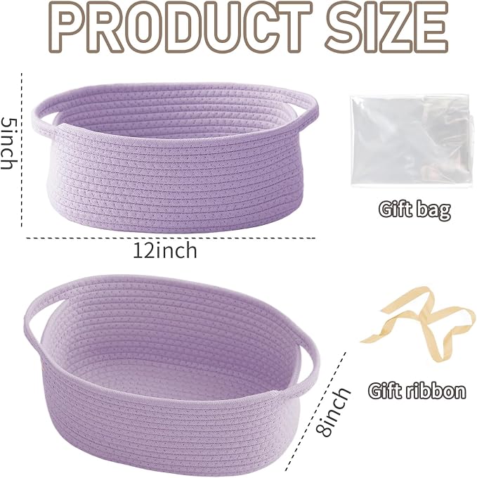 JMvicyroam Small Woven Basket, Empty Gift Basket, Purple/3 Pack | Small Gift Basket, Cotton Rope, 12 x 8 x 47 in, Handles, Includes Ribbon and Bag, Birthday Gift Basket