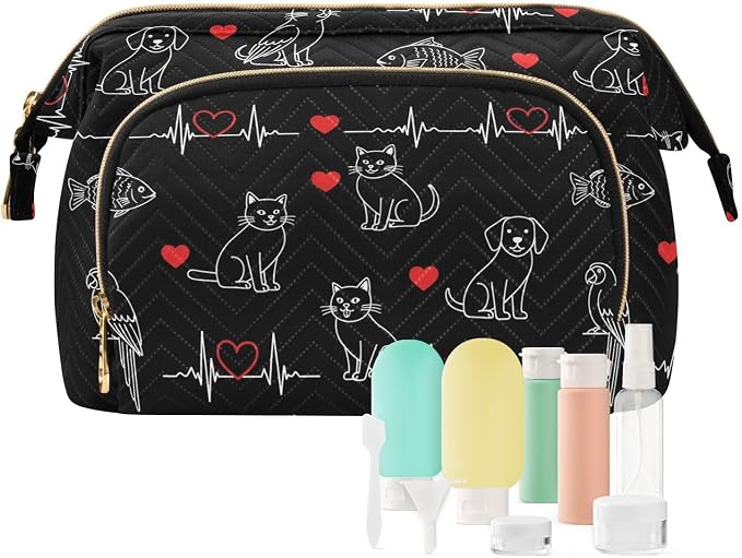 VIGTRO Pets Hearts Lines Makeup Bag Quilted Toiletry Bag Wide Open Cosmetic Bag with Bottles Kit Large Capacity Travel Organizer Pouch for Women