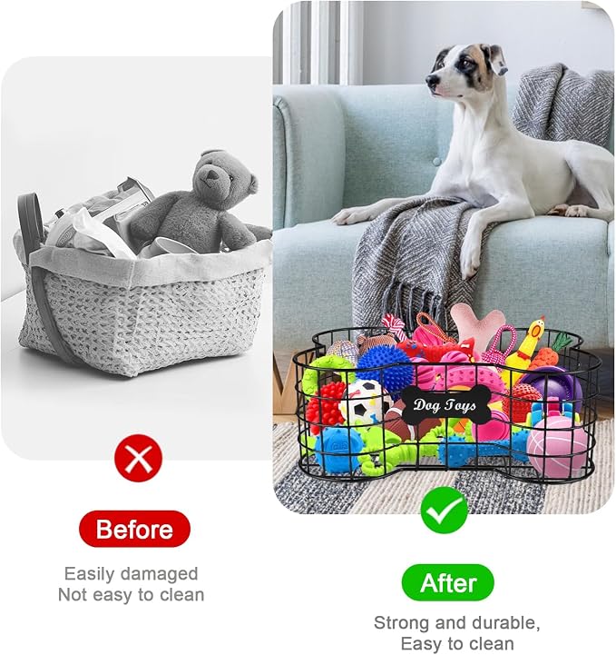 Metal Dog Toy Basket,Iron Wire Dog Toy Bin,Dog Bone Shaped Basket,Puppy Toy Stuff Organizer,Sturdy Dog Storage for Dog Toys,Harness,Leash,Blanket,Snacks,Accessories-Black