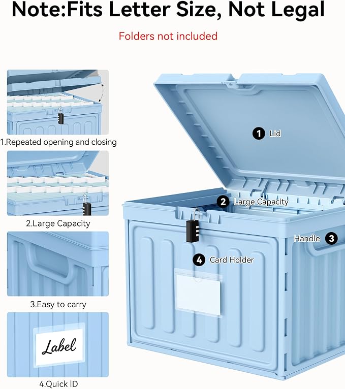 Oterri Lockable Stackable Plastic File Box with Lid for Letter-Size | Hanging File Folders Not Included. Blue, Large 1-Pack. Home, Office, Classroom, Dorm, Tax, Under Bed, Filing Cabinet.