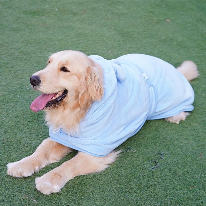 Dog Bathrobe Towel, Cat Bathrobe Microfiber Fast Drying Absorbent Hooded Bath Towel for Puppy Small Medium Large Dog Cat(Blue,L)