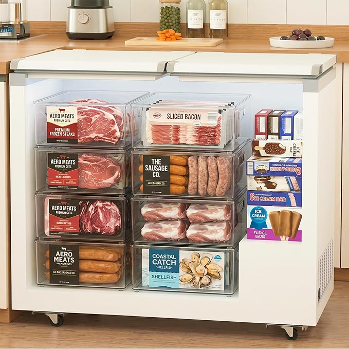 Heyuzb 8 PACK Freezer Organizer Bins Fridge Organizers and Storage Stackable Refrigerator Organizers Bins with Side Handles Clear Storage Bins for Pantry, Under Sink, Kitchen Cabinet