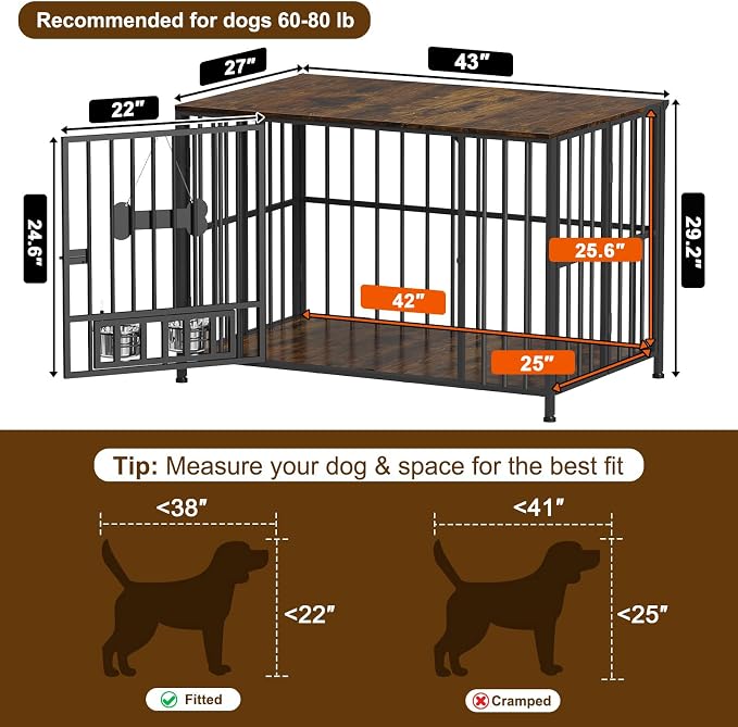 Easycom 43" Foldable Dog Crate Furniture for Large Dogs 60-80 lbs, Brown | No Assembly Dog Cage with Adjustable Bowls and Name Tag, Decorative Wooden Dog Kennel Indoor, End Table