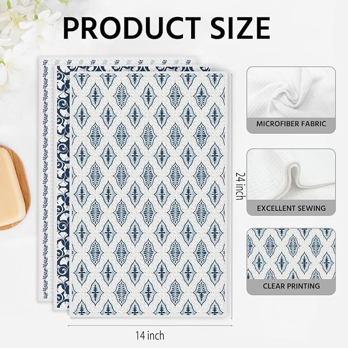 3 Pcs Retro Flower Kitchen Towels, Colorful Flower Soft Absorbent Hand Tea Towel, Microfiber Dish Cloths for Drying Dishes, Waffle Dish Towels for Kitchen Farmhouse Decor, Floral Gifts for Women Mom02