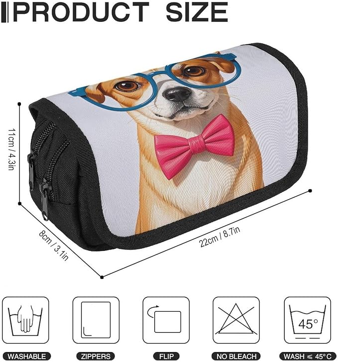 Pencil Bag Pet Dog Soft Bow Tie, Oversized Glasses Pencil Pouch Large Capacity Pen Box Double Zipper Storage Bag 2 Compartments Portable Multifunctional Bag Desk Organizer Pen Case