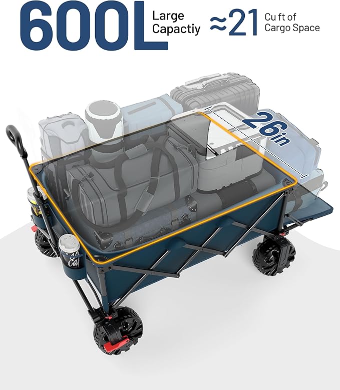 TIMBER RIDGE 600L Beast Wagon 26" W Extra Wide All Terrain Folding w/Big Wheels, Cargo Net & Tailgate, 26" W and 54.5" L, 400lbs Heavy Duty Collapsible Portable Cart for Camping, Sports, Dogs, Blue