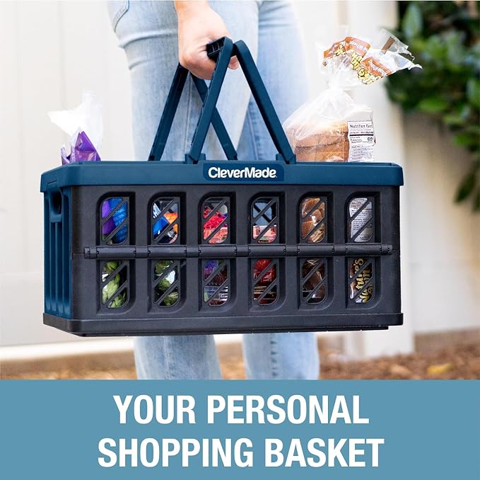 CleverMade Eco Collapsible Shopping Basket with Handles, 24L Stone, 3 Pack | Keep Groceries Upright in the Car | Rigid Walls Carry 25 lb Each, Stack Securely, and Fold to 2.25 Inches for Storage