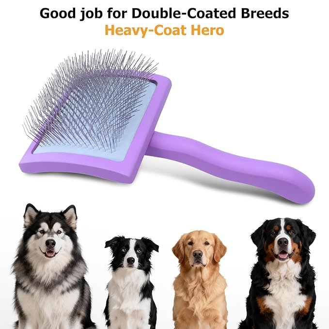 Extra-Long Pin Slicker Brush for Large Dogs, Removes Tangles, Mats & Undercoat Fluff, Wood Handle, Grooming Tool for Poodle Goldendoodle Labradoodle & Thick-Coat Breeds, Purple