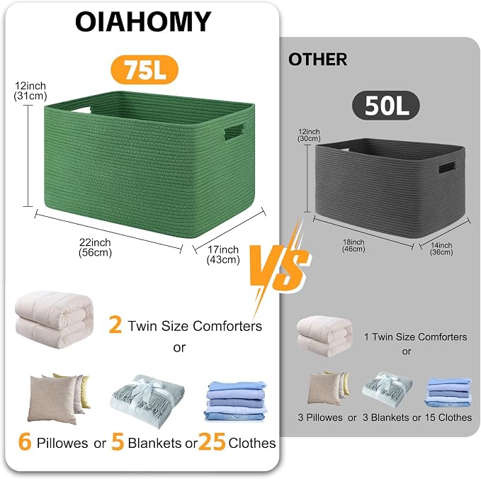 OIAHOMY 75L Large Blanket Basket, Woven Cotton Rope Baskets for Organizing 22”x17”x12”, Blanket Basket living Room, Toy Storage Bins for Nursery, Green