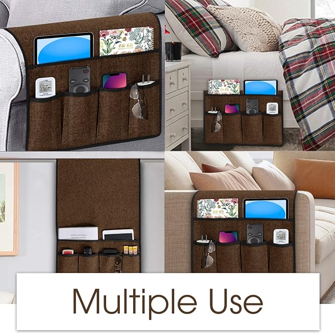 Joywell Recliner Organizer with 6 Pockets Armchair Caddy Remote Control Holder for Couch Armrest Organiser Non Slip Sofa Arm Chair Caddie Storage for Magazine, Tablet, Phone, iPad, Brown