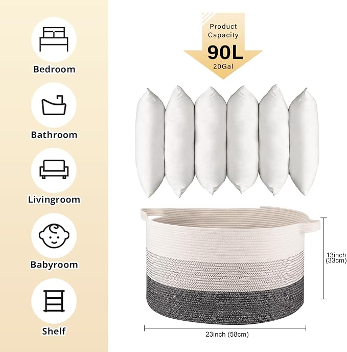 OIAHOMY 90L Extra Large Blanket Basket - Decorative Cotton Rope Storage Basket for Bedroom, Living Room & Nursery - Woven Laundry Hamper for Organizing Blankets, Clothes & Toys - Black and White