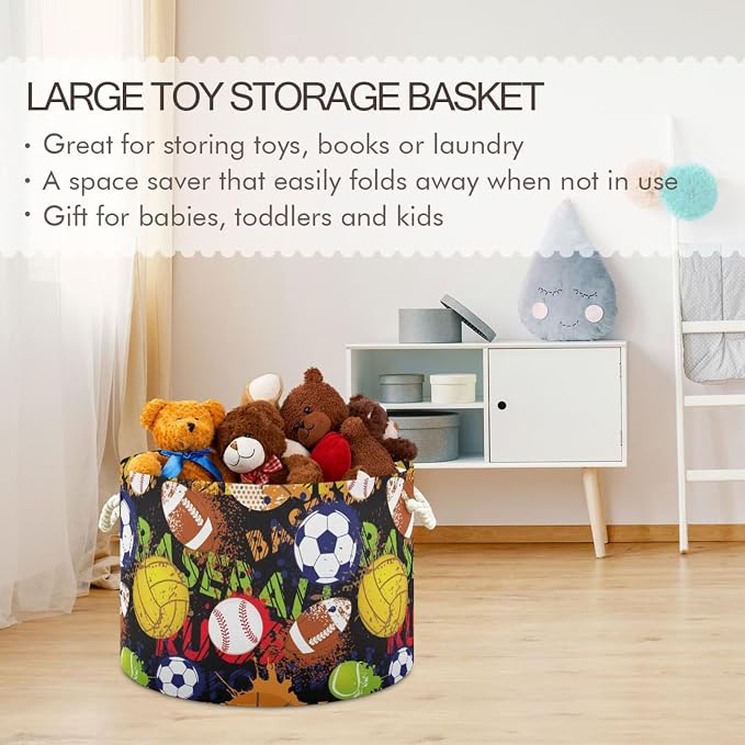 Sport Ball Print Collapsible Round Storage Basket with Handles | Basketball Baseball Large Laundry Baskets Hamper, Clothes Organizer Bin for Bedroom Living Room Decor, 20x 20x 14 Inches