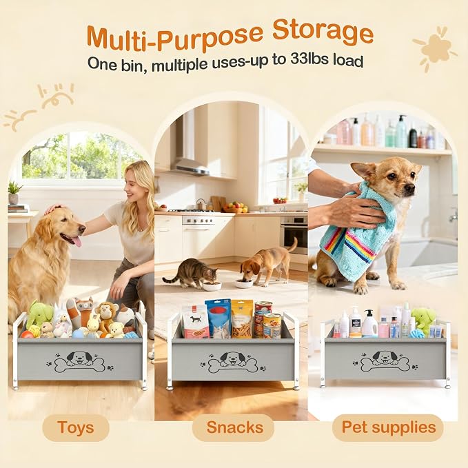Dog Toy Box for Storage, Metal Frame Oxford Fabric Pet Toy Organizer with Raised Legs, Large Capacity Dog Toy Basket with Front Low Opening, Washable and Durable Design