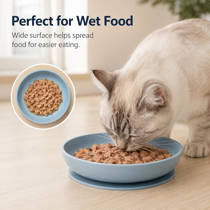 Meow&Woof 2 Pack Silicone Cat Food Bowls with Suction Base, Whisker-Friendly Shallow Cat Bowls for Wet Food, Non-Slip Pet Feeding Dishes for Cats, Small Dogs, Puppies and Kittens, 7.8", Pink & Blue