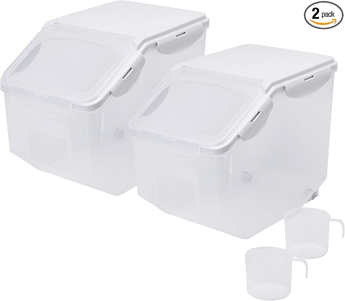 10 Liter / 20 lbs Rice Storage Container with Measuring Cup, BPA free, For Rice | Grain | Pet Food | Flour, 2 counts, Clear