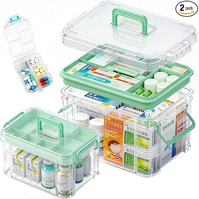 2-Pack Clear Medicine Storage Box Set with Pill Organizer | Portable Stackable with Built-in Handle, Clear View, Divided Tray, Plastic Medicine Cabinet Organizer for Home, Dorm, Travel