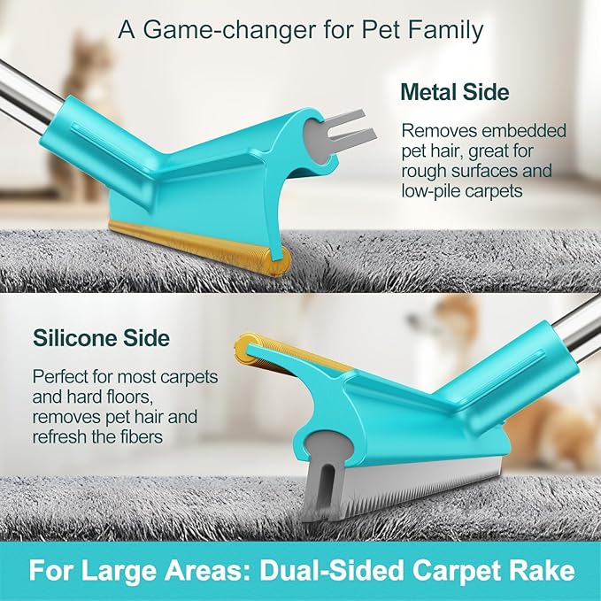 Carpet Rake for Pet Hair Removal (3 Pack), Dog Cat Fur Remover Rubber Broom, Stainless Steel Long Handle Lint Shaver Cleaner Tools, Scraper Brush for Carpet, Rug, Car Mat, Couch, Pet Bed