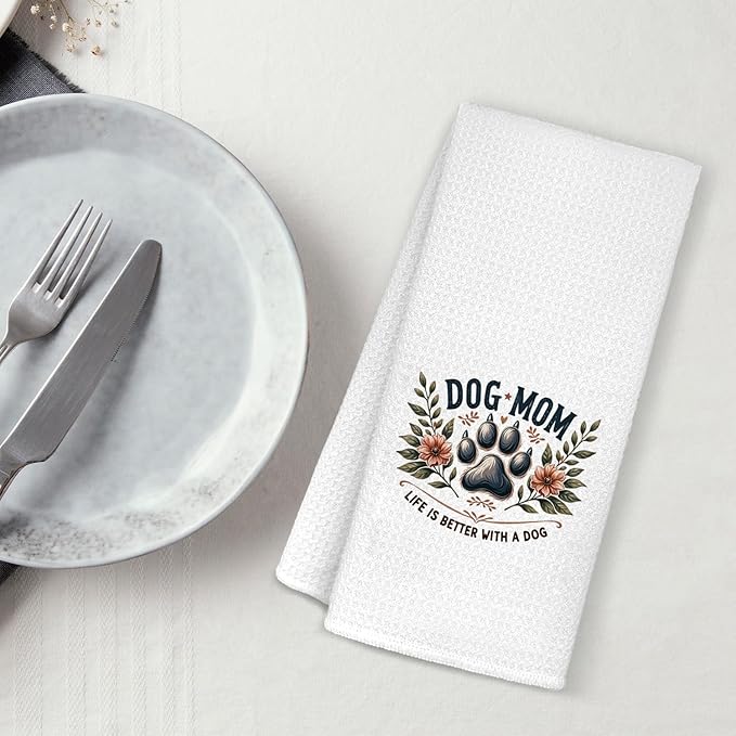 Dog Mom Bathroom Towels, Dog Mom Gifts for Women Dish Tea Towels, Pet Lover Gifts, Floral Puppy Paws Decorative Hand Towels for Kitchen Bathroom Decor, 16x24 Inch