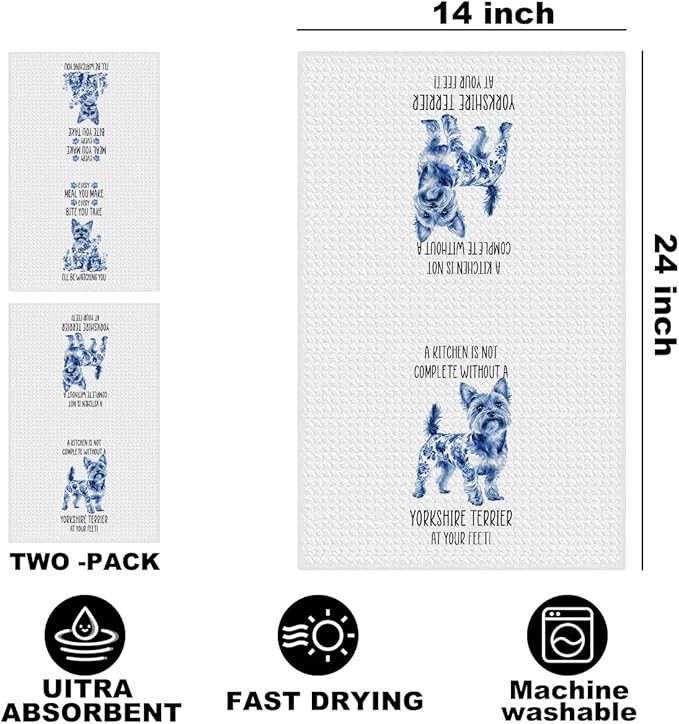 2 Pcs Chinoiserie Yorkshire Terrier Kitchen Towels 24x14 Inch, Yorkshire Terrier Gifts Reusable Dish Towels for Kitchen Decor, Blue and White Floral Waffle Weave Hand Towel, Dog Gifts for Women Mom