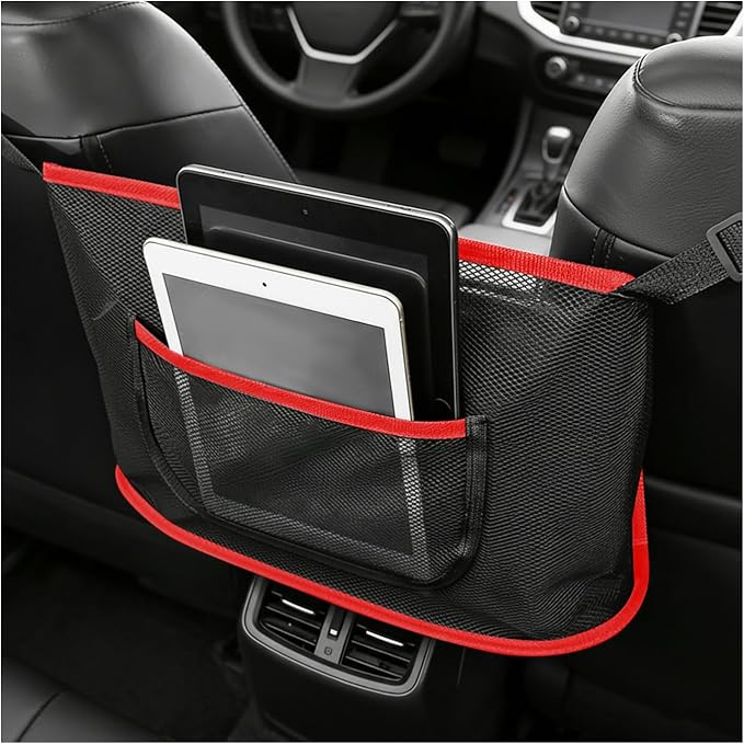 Car Net Pocket Handbag Holder, Large Capacity Mesh Bag for Console Front Seat, Barrier of Backseat Pet Storage Netting Pouch for Handbag Purse, Car Accessories for Women Men (Red)